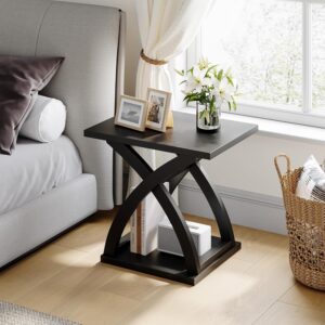 ChooChoo End Side Table, Modern End Table with Storage Shelf, X-Design Side Table Living Room (Black) - Image 4