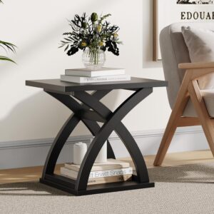 ChooChoo End Side Table, Modern End Table with Storage Shelf, X-Design Side Table Living Room (Black) - Image 10