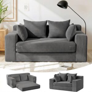 Winzon Boneless Loveseat, 3 in 1 Convertible Sofa Bed Sleeper Sofa Floor Futon Bed with 4 Pillows, 55" Grey Boneless Couch for Living Room, Guest Room, Small Space, No Assembly Required, Corduroy - Image 1