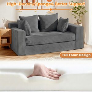 Winzon Boneless Loveseat, 3 in 1 Convertible Sofa Bed Sleeper Sofa Floor Futon Bed with 4 Pillows, 55" Grey Boneless Couch for Living Room, Guest Room, Small Space, No Assembly Required, Corduroy - Image 7