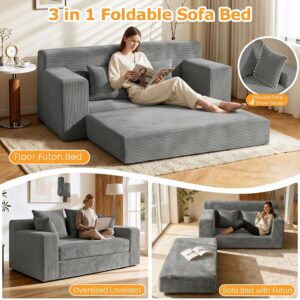 Winzon Boneless Loveseat, 3 in 1 Convertible Sofa Bed Sleeper Sofa Floor Futon Bed with 4 Pillows, 55" Grey Boneless Couch for Living Room, Guest Room, Small Space, No Assembly Required, Corduroy - Image 8