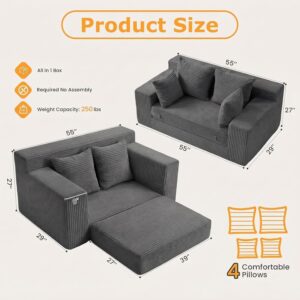 Winzon Boneless Loveseat, 3 in 1 Convertible Sofa Bed Sleeper Sofa Floor Futon Bed with 4 Pillows, 55" Grey Boneless Couch for Living Room, Guest Room, Small Space, No Assembly Required, Corduroy - Image 9