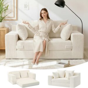 Winzon Boneless Loveseat, 3 in 1 Convertible Sofa Bed Sleeper Sofa Floor Futon Bed with 4 Pillows, 55" Grey Boneless Couch for Living Room, Guest Room, Small Space, No Assembly Required, Corduroy - Image 3