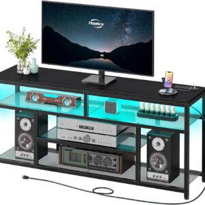 HOOBRO LED TV Stand with Charging Station, 4-Tier Entertainment Gaming Center, Modern Media Console Table, Open Shelves, 55.1"L x 13.8"W x 26.2"H, for TVs up to 65", for Living Room, Black BB47UDDS01 - Image 2