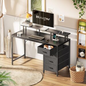Huuger 47 Inch Computer Desk with Power Outlets and LED Lights, Gaming Desk with 4 Drawers, Office Desk with Monitor Stand, Study Work Home Office, Small Spaces, Black - Image 5