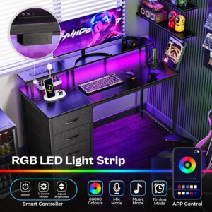 Huuger 47 Inch Computer Desk with Power Outlets and LED Lights, Gaming Desk with 4 Drawers, Office Desk with Monitor Stand, Study Work Home Office, Small Spaces, Black - Image 2