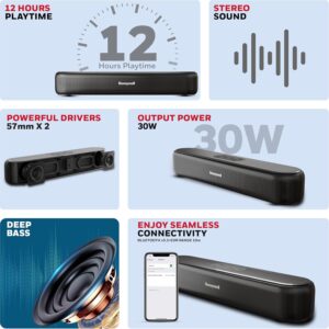 Honeywell New Launch Moxie V3000 Soundbar with 30W Wireless Stereo Sound, Deep Bass, BT v5.3+EDR, 12hrs Playtime, Dual 57mm drivers, Input mode - AUX, USB, HDMI/ARC - Image 9