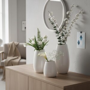 Ceramic Vase Set of 3 White Flower Vase for Home Decor, Modern Decorative Vases for Flowers/Ideal Shelf Decor/Table/Living Room/Kitchen/Office-White - Image 2
