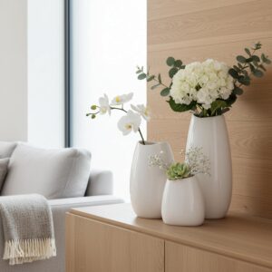 Ceramic Vase Set of 3 White Flower Vase for Home Decor, Modern Decorative Vases for Flowers/Ideal Shelf Decor/Table/Living Room/Kitchen/Office-White - Image 4