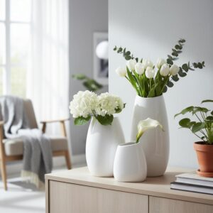 Ceramic Vase Set of 3 White Flower Vase for Home Decor, Modern Decorative Vases for Flowers/Ideal Shelf Decor/Table/Living Room/Kitchen/Office-White - Image 5