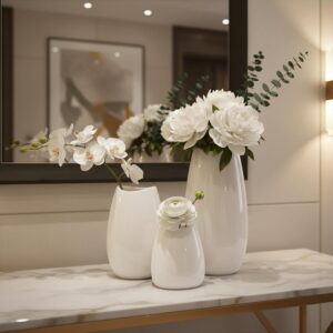 Ceramic Vase Set of 3 White Flower Vase for Home Decor, Modern Decorative Vases for Flowers/Ideal Shelf Decor/Table/Living Room/Kitchen/Office-White - Image 6