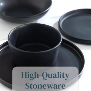 16 Piece Black Dinnerware Set for 4 | Matte Black Plates and Bowls Sets, Modern Stoneware Black Dishes Set | Scratch Resistant, Dishwasher & Microwave Safe | Matte Black Finish Ultra-Chic & Modern - Image 4