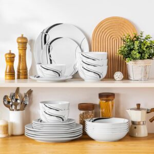 VEWEET Porcelain Dinnerware Sets for 6, 24 Pieces Plates and Bowls Set with Black and Grey Ribbon Lines, Dishes Set Dining Ware for Dinner, Microwave and Dishwasher Safe, Series FIONA - Image 4