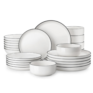 MALACASA Plates and Bowls Sets, 24 Pieces Modern Porcelain Dinnerware Set for 6 Ceramic Dishware Dishes White Kitchen Dinner Dining Ware Set wtih Black Rim Microwave and Dishwasher Safe, Series LUNA - Image 1