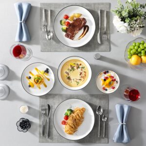 MALACASA Plates and Bowls Sets, 24 Pieces Modern Porcelain Dinnerware Set for 6 Ceramic Dishware Dishes White Kitchen Dinner Dining Ware Set wtih Black Rim Microwave and Dishwasher Safe, Series LUNA - Image 2