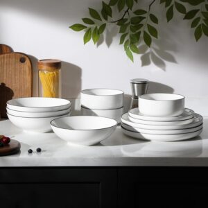 MALACASA Plates and Bowls Sets, 24 Pieces Modern Porcelain Dinnerware Set for 6 Ceramic Dishware Dishes White Kitchen Dinner Dining Ware Set wtih Black Rim Microwave and Dishwasher Safe, Series LUNA - Image 4