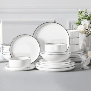 MALACASA Plates and Bowls Sets, 24 Pieces Modern Porcelain Dinnerware Set for 6 Ceramic Dishware Dishes White Kitchen Dinner Dining Ware Set wtih Black Rim Microwave and Dishwasher Safe, Series LUNA - Image 5