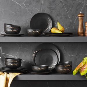 KINGSTONE Porcelain Dinnerware Sets for 8 | 24 Piece Plates and Bowls Sets Kitchen Dishes Scratch Resistant Matte Black Gold Vein Dinner Salad Plate Dishware for Party Daily Wedding - Image 2