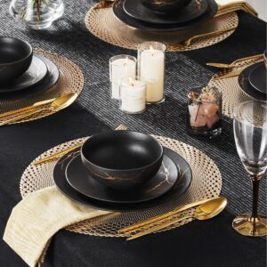 KINGSTONE Porcelain Dinnerware Sets for 8 | 24 Piece Plates and Bowls Sets Kitchen Dishes Scratch Resistant Matte Black Gold Vein Dinner Salad Plate Dishware for Party Daily Wedding - Image 3