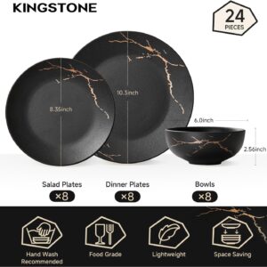 KINGSTONE Porcelain Dinnerware Sets for 8 | 24 Piece Plates and Bowls Sets Kitchen Dishes Scratch Resistant Matte Black Gold Vein Dinner Salad Plate Dishware for Party Daily Wedding - Image 8