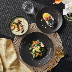 KINGSTONE Porcelain Dinnerware Sets for 8 | 24 Piece Plates and Bowls Sets Kitchen Dishes Scratch Resistant Matte Black Gold Vein Dinner Salad Plate Dishware for Party Daily Wedding - Image 9