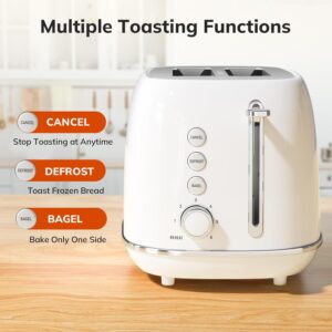 Keenstone Toaster 2 Slice, Retro Wide Slot Stainless Steel Toaster with 6 Browning Levels, Reheat & Defrost, for Bagel, Toast, Bread, Kitchen Essentials, Removable Crumb Tray, White - Image 5