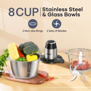 GANIZA Food Processors, Electric Food Chopper with Meat Grinder & Vegetable Chopper - 2 Bowls (8 Cup+8 Cup) with Powerful 450W Copper Motor - Includes 2 Sets of Bi-Level Blades for Fruits/Meat/Nuts - Image 6