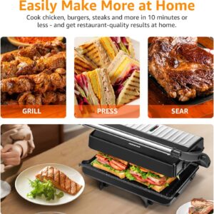 Panini Press Grill, Aigostar 1000W Sandwich Maker with Ceramic Non-stick Plates, Opens 180 Degrees for Any Size Food, 3-in-1 Sandwich Press Electric Grill, Drip Spout & Locking Lid, Sliver - Image 4