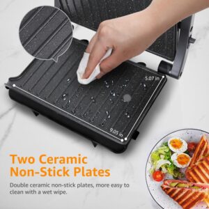 Panini Press Grill, Aigostar 1000W Sandwich Maker with Ceramic Non-stick Plates, Opens 180 Degrees for Any Size Food, 3-in-1 Sandwich Press Electric Grill, Drip Spout & Locking Lid, Sliver - Image 5