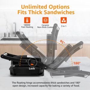 Panini Press Grill, Aigostar 1000W Sandwich Maker with Ceramic Non-stick Plates, Opens 180 Degrees for Any Size Food, 3-in-1 Sandwich Press Electric Grill, Drip Spout & Locking Lid, Sliver - Image 6
