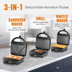 Aigostar Sandwich Maker Panini Press Grill, 3 in 1 Waffle Maker with Removable Non-stick Plates, Electric Grilled Cheese Maker, Portable Cool Touch Handle, Led Indicator Lights & Easy to Clean, 750W - Image 4