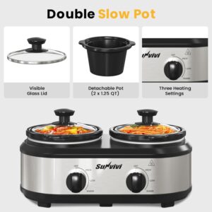 Sunvivi Dual Slow Cooker, Buffet Server and Food Warmer, Small Mini Pot with 3 Adjustable Temp & 2 Visible Glass Lids, for Parties, Holidays and Entertaining, Stainless Steel, 2 * 1.25 Quarts - Image 4
