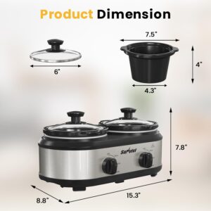 Sunvivi Dual Slow Cooker, Buffet Server and Food Warmer, Small Mini Pot with 3 Adjustable Temp & 2 Visible Glass Lids, for Parties, Holidays and Entertaining, Stainless Steel, 2 * 1.25 Quarts - Image 6