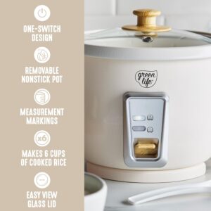 GreenLife Rice Cooker with Removable PFAS-Free Ceramic Nonstick Pot, 3-Cups Uncooked/6-Cups Cooked, Grains & Oatmeal Multicooker, Compact One-Switch Design, Auto Keep Warm, Easy Clean, Cream - Image 8
