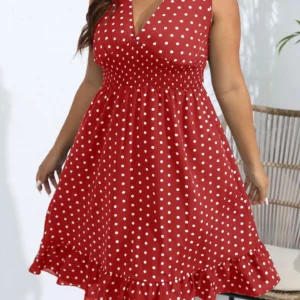 Plus Size Summer Women's Elegant Fashion Polka Dot V-Neck Sleeveless Smocked Waist Slimming Dress - Image 1