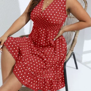 Plus Size Summer Women's Elegant Fashion Polka Dot V-Neck Sleeveless Smocked Waist Slimming Dress - Image 6