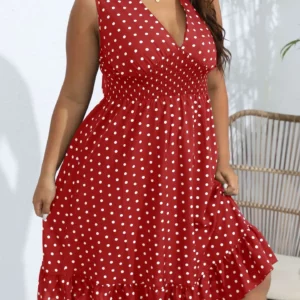 Plus Size Summer Women's Elegant Fashion Polka Dot V-Neck Sleeveless Smocked Waist Slimming Dress - Image 5