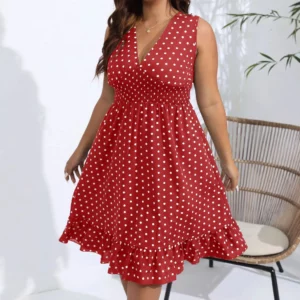 Plus Size Summer Women's Elegant Fashion Polka Dot V-Neck Sleeveless Smocked Waist Slimming Dress - Image 3