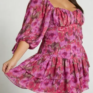 Plus Size Women's Dress Square Puff Sleeve Floral Print Chiffon Tiered Mini Dress Romantic Spring Summer Vacation Light Dress - Image 8