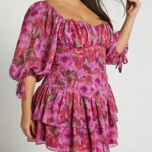 Plus Size Women's Dress Square Puff Sleeve Floral Print Chiffon Tiered Mini Dress Romantic Spring Summer Vacation Light Dress - Image 6