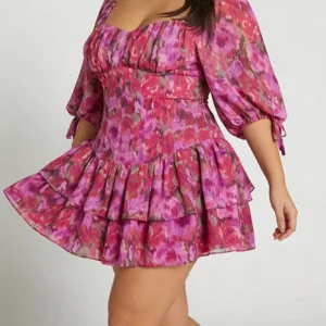 Plus Size Women's Dress Square Puff Sleeve Floral Print Chiffon Tiered Mini Dress Romantic Spring Summer Vacation Light Dress - Image 5