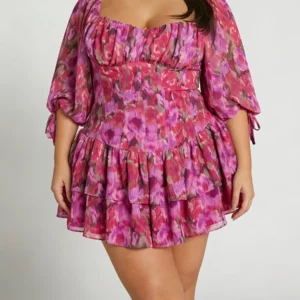 Plus Size Women's Dress Square Puff Sleeve Floral Print Chiffon Tiered Mini Dress Romantic Spring Summer Vacation Light Dress - Image 4