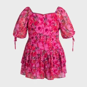 Plus Size Women's Dress Square Puff Sleeve Floral Print Chiffon Tiered Mini Dress Romantic Spring Summer Vacation Light Dress - Image 3