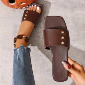 Women's Soft Slip Slippers Summer New Square Toe Hollow Cross with Rivet Non-slip Wear-resistant Flats - Image 2