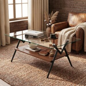 Casaphoria Rectangle Coffee Table with Tempered Glass Top and Black Metal Legs, 2-Tier Modern Industrial Center Table with Storage Shelf for Living Room, 38.6 Inch, Transparent/Black - Image 1