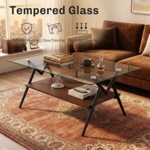 Casaphoria Rectangle Coffee Table with Tempered Glass Top and Black Metal Legs, 2-Tier Modern Industrial Center Table with Storage Shelf for Living Room, 38.6 Inch, Transparent/Black - Image 2