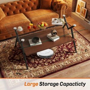 Casaphoria Rectangle Coffee Table with Tempered Glass Top and Black Metal Legs, 2-Tier Modern Industrial Center Table with Storage Shelf for Living Room, 38.6 Inch, Transparent/Black - Image 3