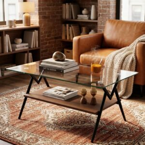 Casaphoria Rectangle Coffee Table with Tempered Glass Top and Black Metal Legs, 2-Tier Modern Industrial Center Table with Storage Shelf for Living Room, 38.6 Inch, Transparent/Black - Image 5