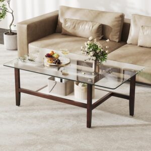 Tangkula Glass Coffee Table, 42” 2-Tier Rectangular Center Table with Storage Shelf & Solid Rubber Wood Legs, Modern Cocktail Table for Living Room, Home Office (Brown, 42" x 23.5") - Image 1