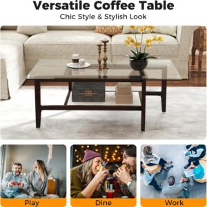 Tangkula Glass Coffee Table, 42” 2-Tier Rectangular Center Table with Storage Shelf & Solid Rubber Wood Legs, Modern Cocktail Table for Living Room, Home Office (Brown, 42" x 23.5") - Image 2